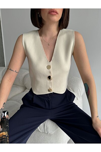 Lusin Жіночий жилет з V-подібним вирізом, елегантними ґудзиками та трикотажною обробкою