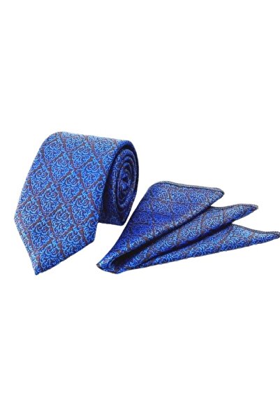 VENCHY ربطة عنق بنمط عرقي باللون الأزرق والبني مع منديل 7705-6mk