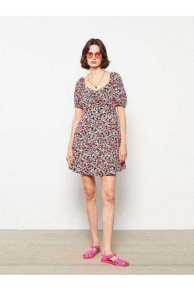 LC Waikiki Short Sleeve Floral Patterned Heart Collar Women's Dress