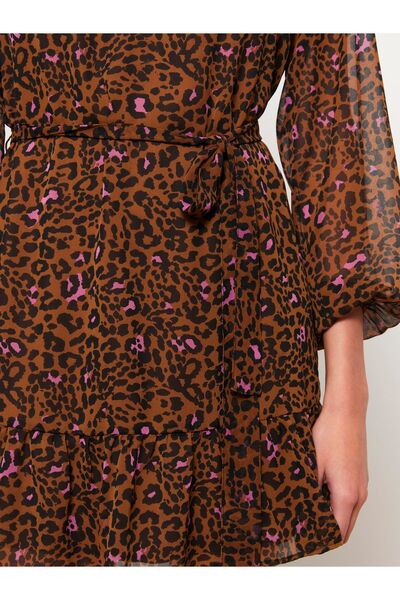 LC Waikiki Gemustertes, langärmliges Chiffon-Damenkleid mit Hemdkragen