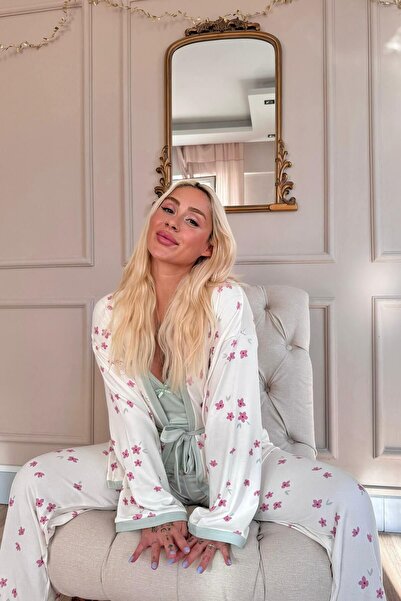 Pijamaevi Mint Flowers Patterned Women's Pajamas and Thermal Dressing Gown Set