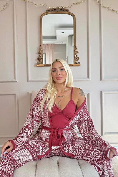 Pijamaevi Etnikai mintás bordó női pizsama és pongyola szett