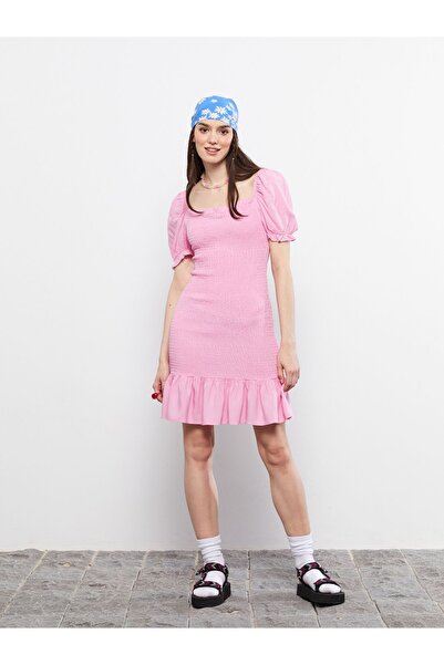 LC Waikiki Damen-Bodycon-Kleid – quadratischer Kragen, drapiertes Detail, kurze Ärmel