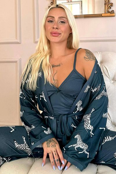 Pijamaevi Zebra Patterned Petrol Color Women's Pajamas and Dressing Gown Set