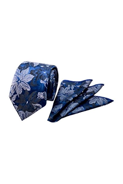 VENCHY Lacivert Gümüş Çiçek Desen Mendilli Kravat 7710-6mk