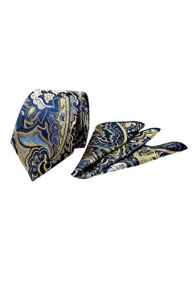 VENCHY Lacivert Gold Motif Desen Mendilli Kravat 7708-1mk