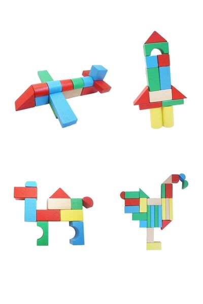 COCOTA TOYS Wooden Fun Ahşap Renkli Bloklar Ve Şekil Kartları (90 BLOK, 25 ŞEKİL KARTI)