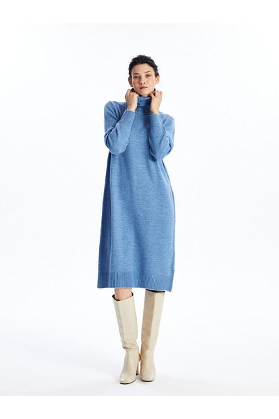 LC Waikiki Gerades, langärmliges, übergroßes Damen-Strickkleid mit Rollkragen