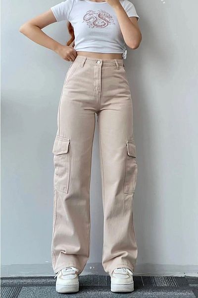DRC trend Pantaloni Palazzo Cargo de damă, bej, fără decolorare, din Lycra, fără buzunar la spate