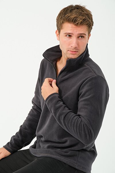 vawensea Men's Half Zippered Stand Collar Non Pilling Fleece Anthracite