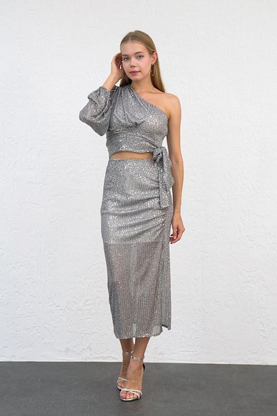 MONAMORE One-Shoulder Sequin Blouse and Slit Skirt Set