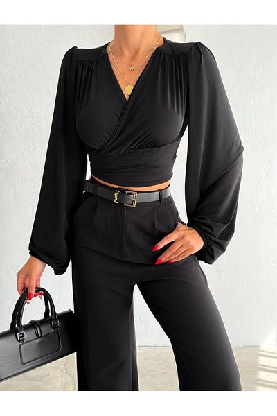 BE CHİC Țesătură nisipoasă - Bluză crop elegantă cu guler dublu și detaliu cu mânecă cu balon MNN1211