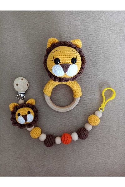 ElisaToys Amigurumi Lion Newborn Rattle and Pacifier Chain Set