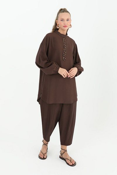 Puane Bead and Seashell Embroidered Collared Baggy Trousers Set - 14230