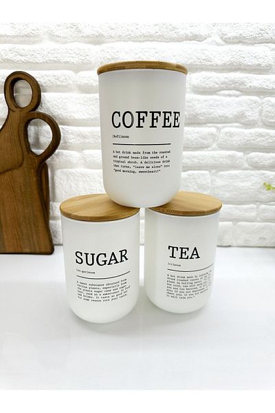 Home 1000ML Capacity Bamboo Glass White TEA COFFEE SUGAR Jar Set