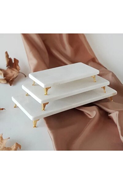 MIARIK DESIGN & DEKORASYON Dekoratif Beyaz Mermer 3lü Dikdörtgen Gold Ayaklı ...