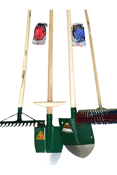 Genel Markalar 4'lü Set Saplı Bel Küreği Saplı Kürek Saplı Tırmık Ve Saplı Fırça Ve Eldiven