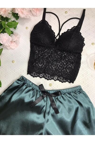 lenastella Yeşil Saten Şortlu Bralet Takım