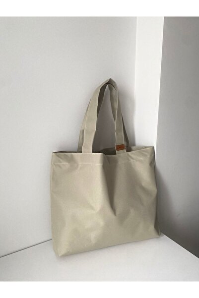 LUNAFEL Basic Bej Kanvas Tote Büyük Boy Çanta Su Geçirmez Kumaş