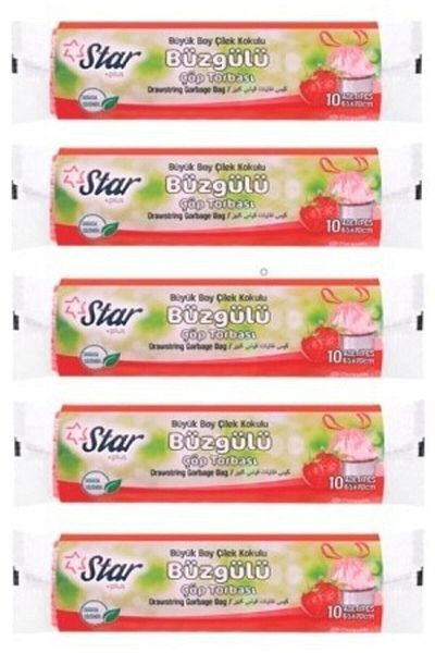 Star Plus Drawstring Garbage Bag / Bag - Large Size 65x70 - Strawberry Scented - 5 Rolls = 50' Pack