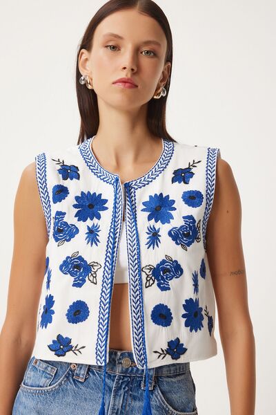 Lovelyİstanbul Nakış Detaylı Crop Keten Yelek BEYAZ LQS0004