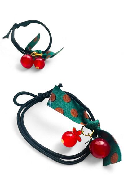 GALATA GIFT Black Leaf Detailed Double Cherry Hair Clip - Tie-Up Clip, Two Pieces Cherry Hair Clip 2