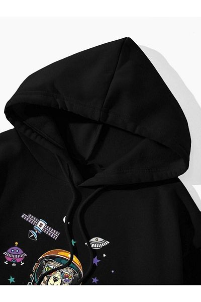 Altamira Unisex Black Astronaut Bear Printed Oversize Hooded Sweatshirt