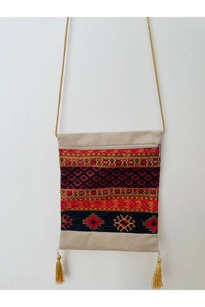 GALATA GIFT Τσάντα ώμου με μοτίβο κιλίμ, φούντα, φερμουάρ, 25x20