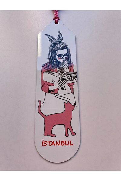 GALATA GIFT Κορίτσι με κορδέλα μαλλιά, θέμα γάτα, Κωνσταντινούπολη, ροζ-λευκή φούντα σελιδοδείκτης