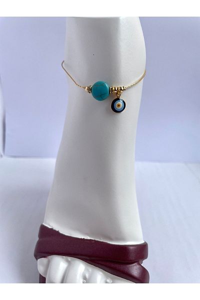 NiceandBonita Stylish Ring with Blue Stone, Evil Eye Bead and Gold Color Chain
