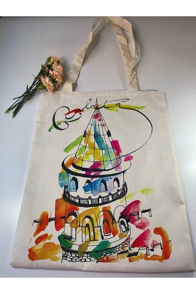 GALATA GIFT Πύργος Γαλατά, Πολύχρωμο Σχέδιο, Ροζ, Πράσινο, Πορτοκαλί, Καμβάς τσάντα