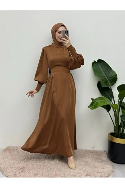 HİJABAYA Satin Balloon Sleeve Dress - Long Cuffs and Waist Ties