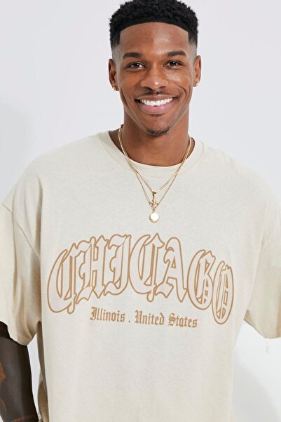 Altamira Μπλουζάκι Unisex Beige Chicago States με στάμπα με λαιμόκοψη Oversize