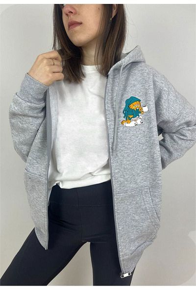 Altamira Unisex Gray Cartoon Printed Seasonal Oversize Hooded Cardigan