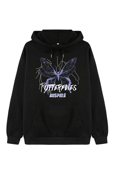 Altamira Unisex Black Butterfly Printed Oversize Hooded Sweatshirt