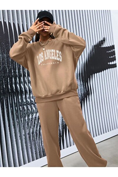 Altamira Dámský béžový oversize oversize oblek s výstřihem Los Angeles s potiskem