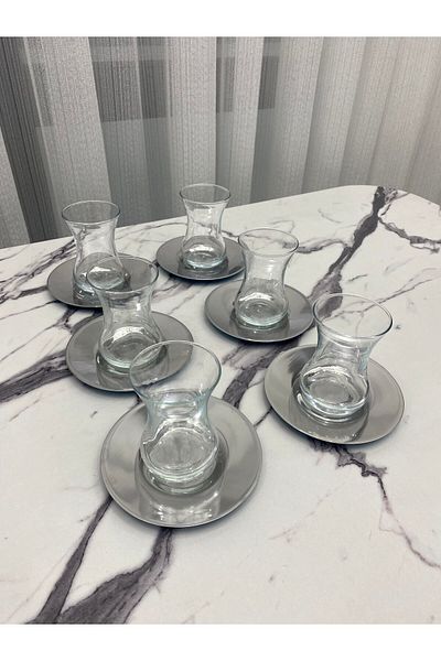 Aslı Hediyelik Luxury 6-Piece Silver Round Model Stainless Metal Tea Plate