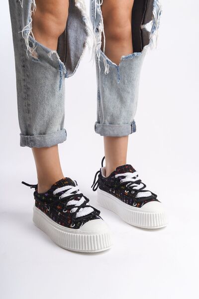 Limeo Black Textile High Sole Ankle Lacing Detailed Soft Sneakers Women's Casual Sports Shoes