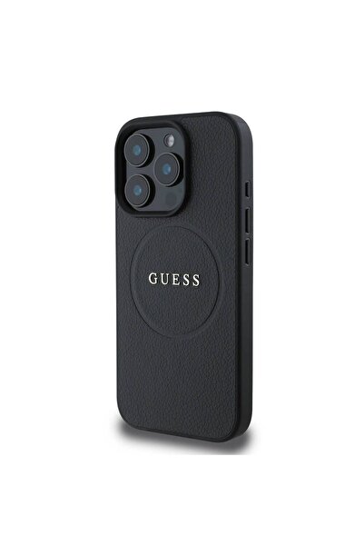 Guess iPhone 16 Pro Max Uyumlu Kılıf Lisanslı Magsafe Şarj Özellikli Yazı Logolu Grained Siyah