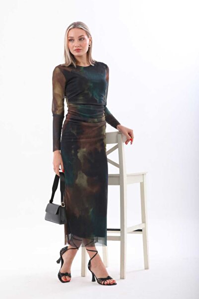 CİXAPLE Bisiklet Yaka Likralı Baskılı Tül Elbise