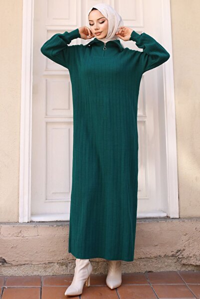 benguen Σμαραγδένιο Πράσινο Πλεκτό Φόρεμα - 11032-11, Γιακάς με φερμουάρ