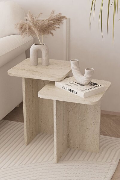 OBİ Atölye Kare Zigon Sehpa Takımı, 2 li Set, Yan Sehpa - Traverten Desen