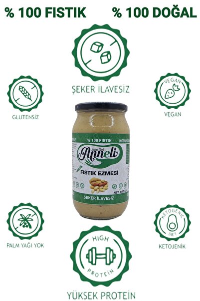 Emine türk anneli 1 Kg Fıstık Ezmesi Şekersiz Sade Annemeli Ile %100 Doğal %100 Fıstık Cam Kavanoz