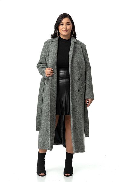 DISENTIS MODEST Long Green Coat - Plus Size, Buttoned and Belted, Deep Slit and Herringbone Lining