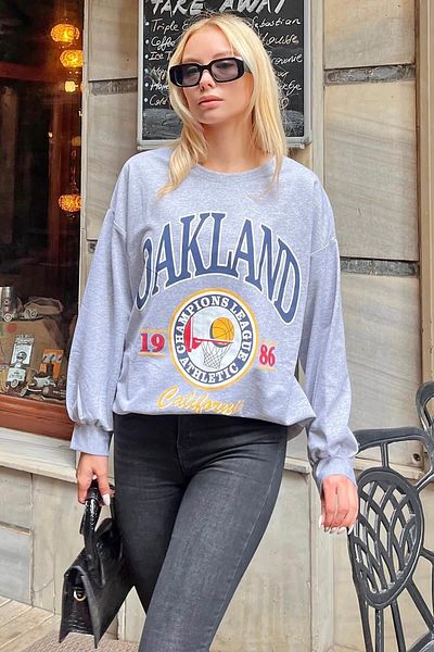 Swist Graues, bedrucktes Oversize-Damen-Sweatshirt mit Korbmuster