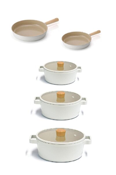NEOFLAM Fika Aluminum Casting 8 Piece Beige Glass Pot Pan Set with Lid