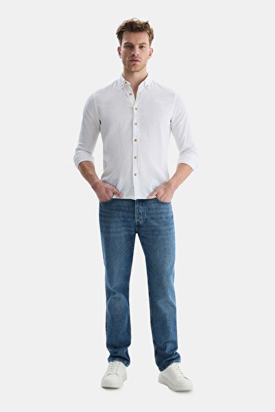 UCLA Ανδρικό πουκάμισο JACQUEZ Λευκό λινό κεντημένο - Standard Fit