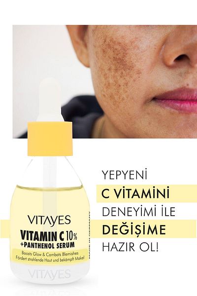 VITAYES Anti-Blemish and Instant Brightening Vitamin C 10% Panthenol Skin Tone Equalizing Moisturizing Serum
