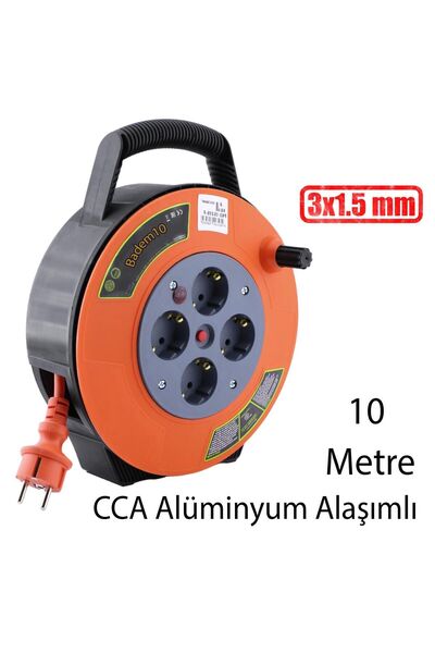 Badem10 Plastik Mini Kutulu 4 Priz TTR Kablo 10 Metre Makaralı Seyyar 3x1.5 mm CCA Monofaze Uzatma Kablosu