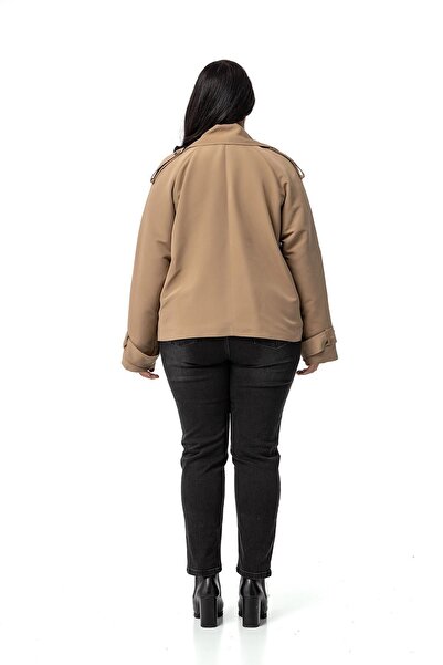 DISENTIS MODEST Büyük Beden Mono Yaka Apoletli Cepli Oversize Astarlı Vizon Kısa Trençkot